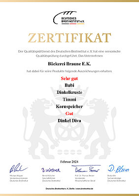 Zertifikat Deutsches Brotinstitut e.V. 2024